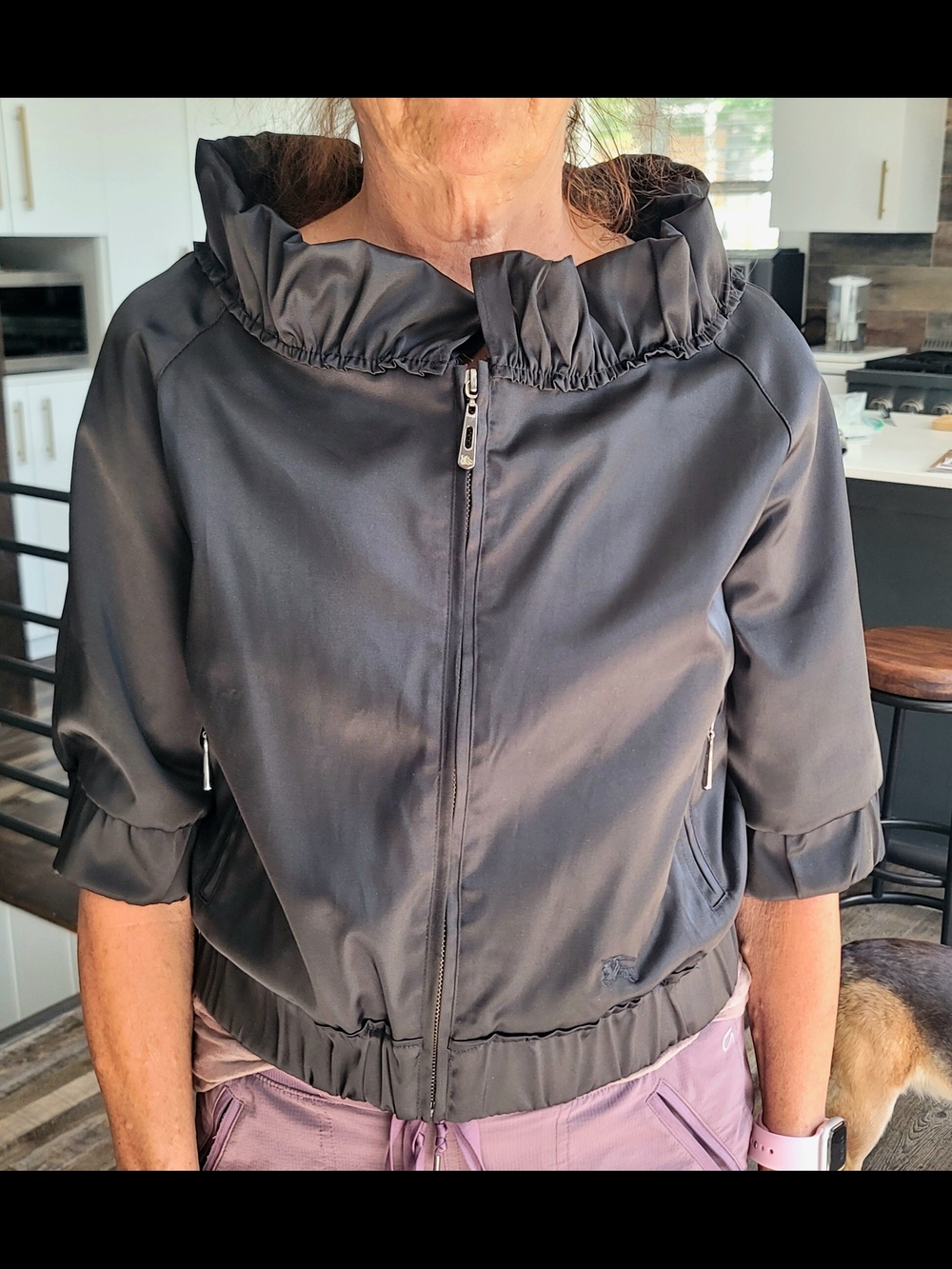 Burberry Black Ruffle Trim Hooded Bomber Jacket